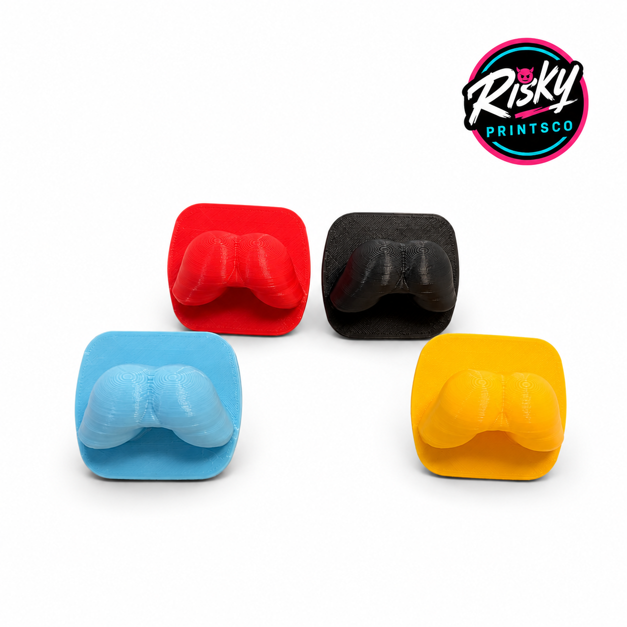 Four colorful 3D-printed butt outlet covers